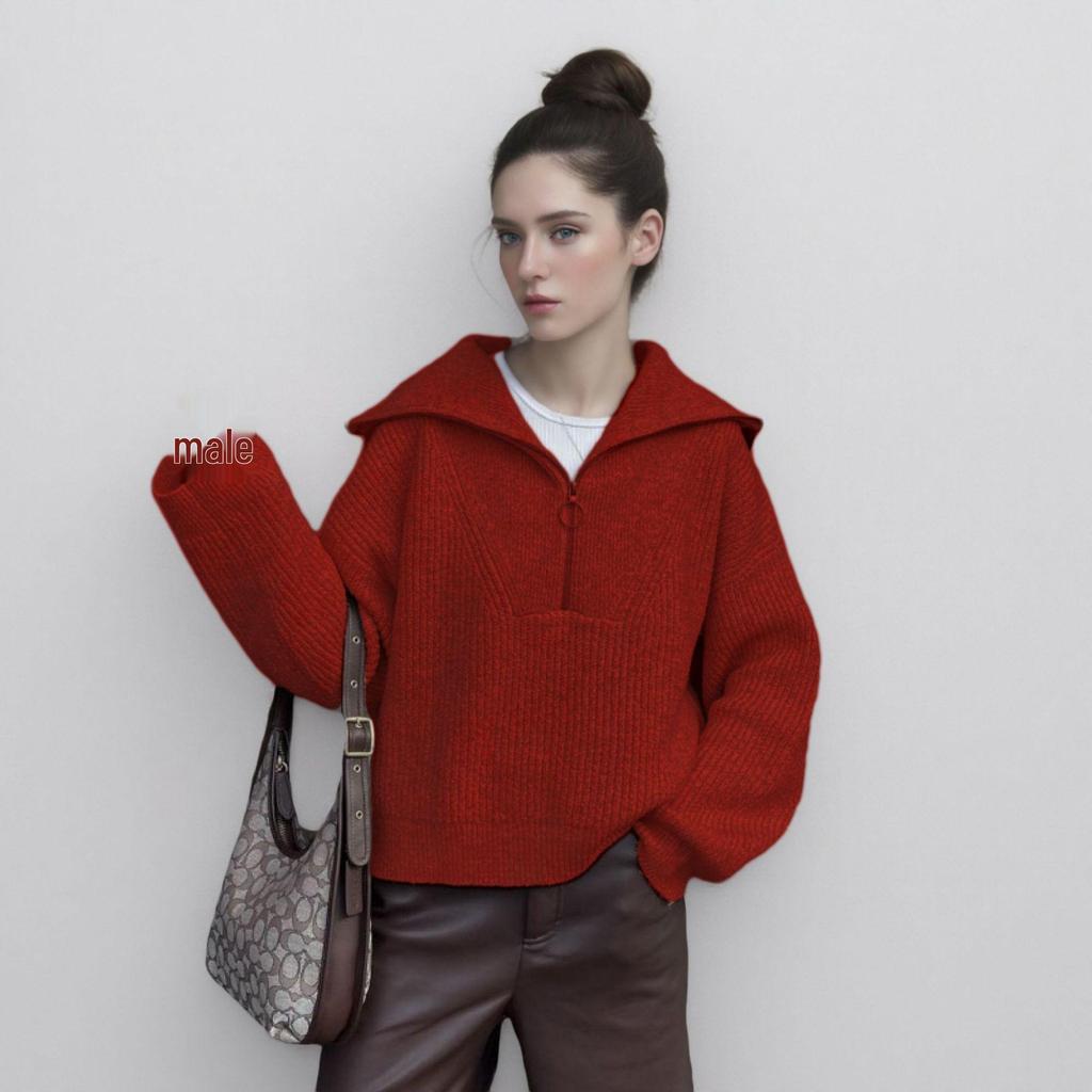 2025 Fall/Winter Women's High-End Half-Zip Pullover Sweater: Loose, Slimming Knit
