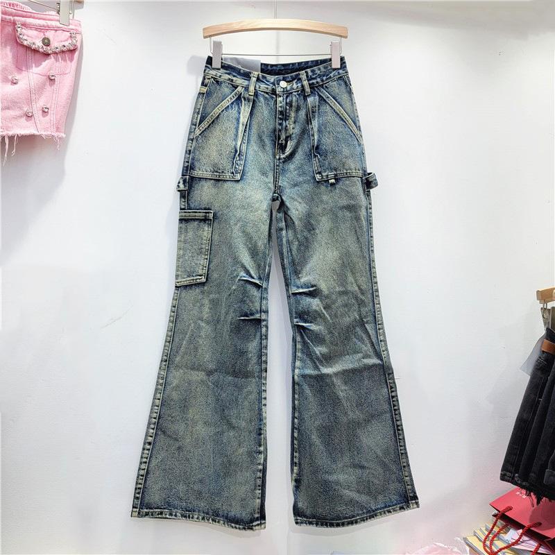 Autumn trendy American retro multi-pocket overalls men s and women s loose straight street loose casual jeans S