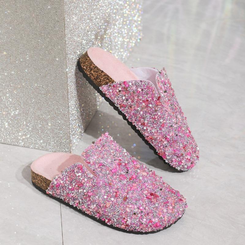 Women's Spring and Autumn Sequined Half Slippers with Cork Toe Caps Comfortable and Casual Non Slip Flat Bottomed Sandals