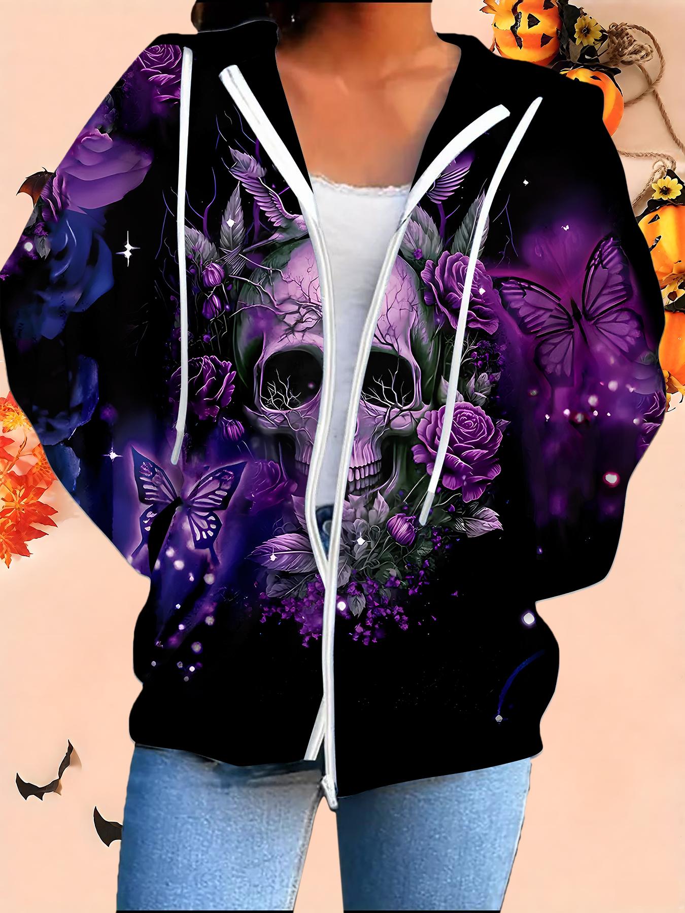 Хэллоуин Кардиган с капюшоном 3D-принт Большой размер Осень Зима Ретро 6XL фиолетовый