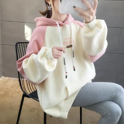 Women's Velvet Thickened Contrasting Color Sweatshirt Hooded Lazy Style Autumn and Winter Korean Style Student Patchwork Jacket
