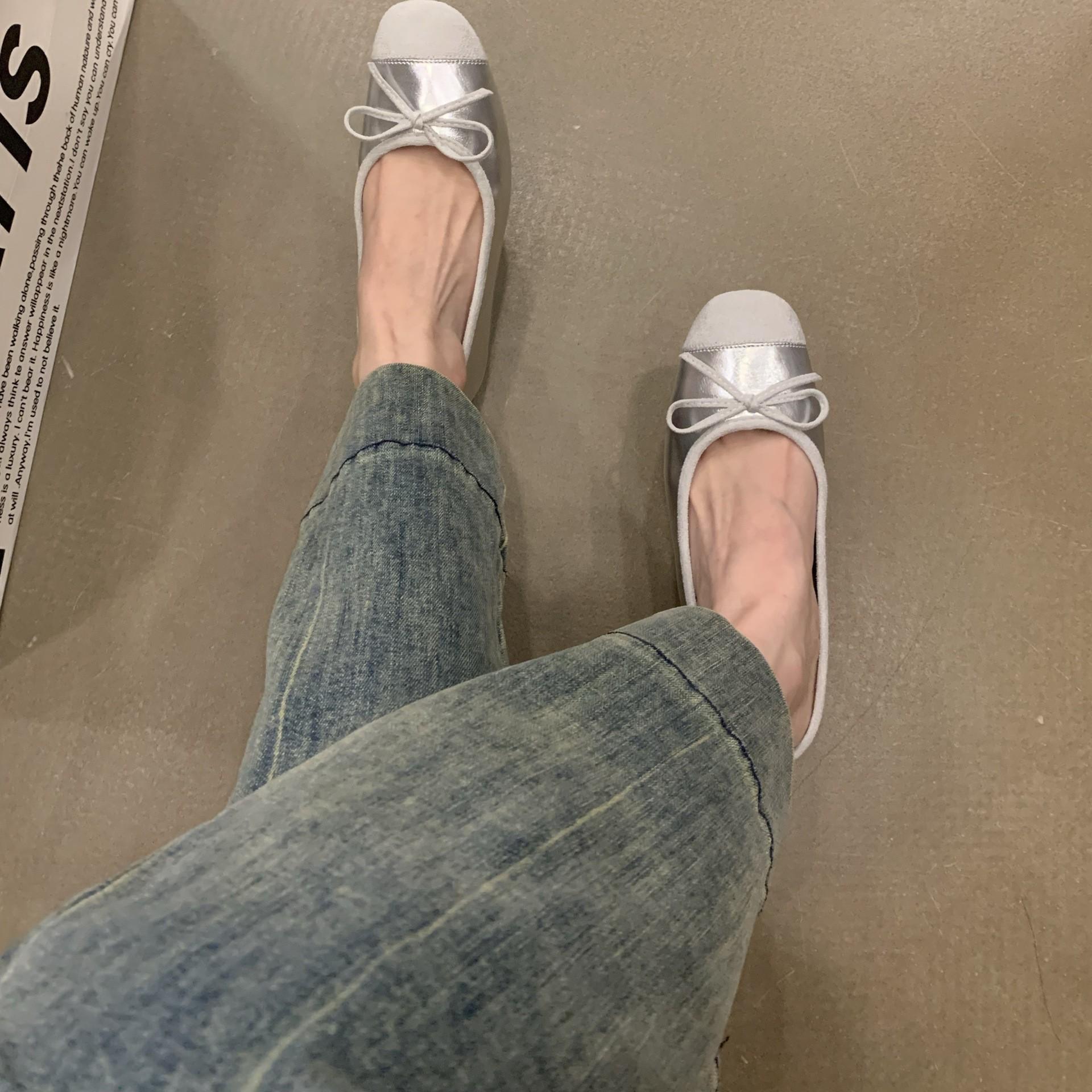 

Внутреннее увеличение высоты серебристый свет рот красный одинарные туфли женские весна и лето новые ретро балетный стиль на одной педали плоские бини женская обувь 35