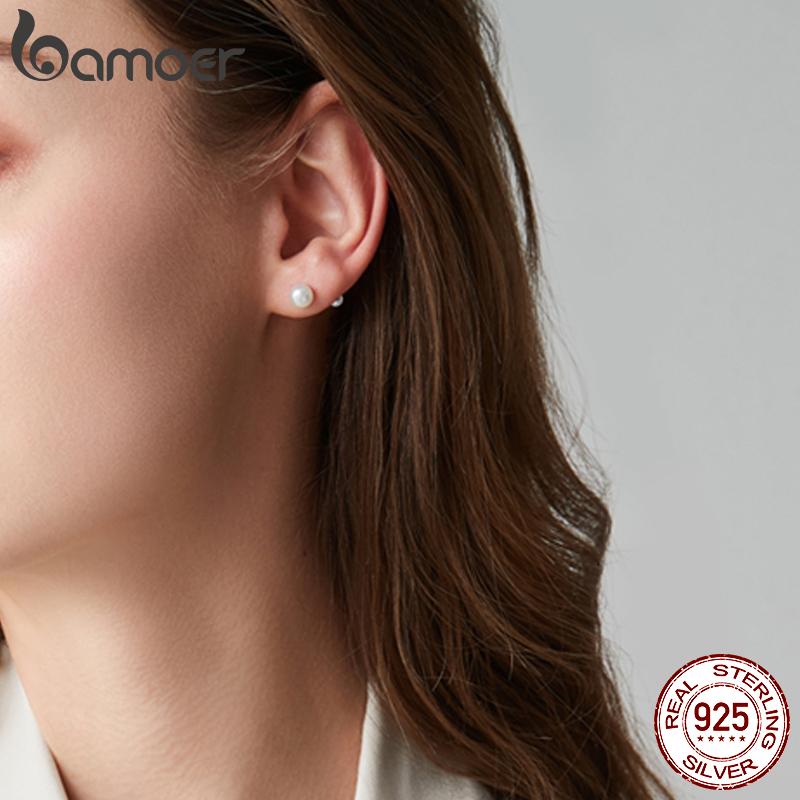 BAMOER 925 Silver Charm Pearl Beads Stud Earrings For Women Trendy Mini Ball Earrings Fine Jewelry for Daily Wear