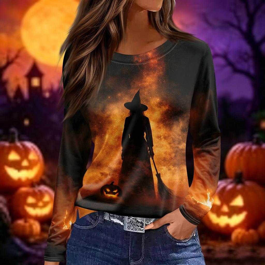 Women's Long Sleeve Round Neck Halloween Print Tunic Top for Parties and Everyday Wear