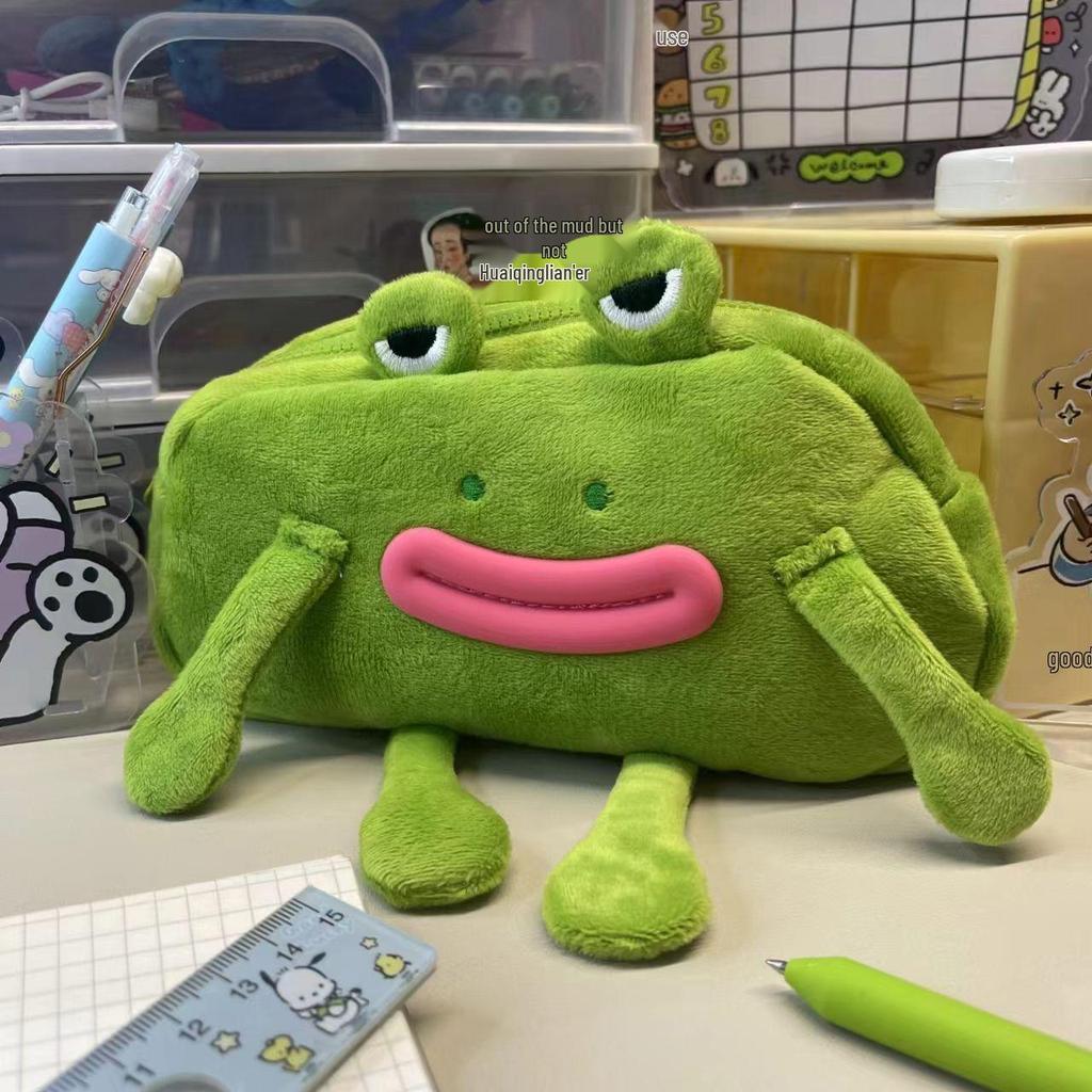 Cartoon Plush Frog Pencil Case - Large Capacity, Cute Sausage Mouth Design, Student Stationery Box