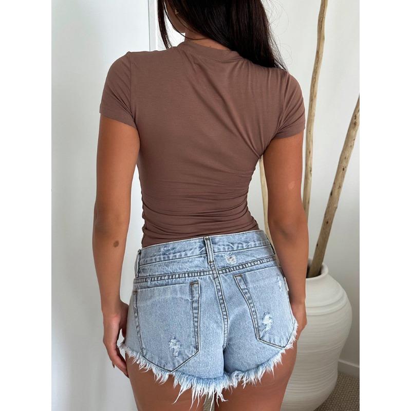Summer Round Neck Solid Color Slim Pullover T-shirt Women Short Sleeve Simple All-match Elastic Bottomed Tee Top