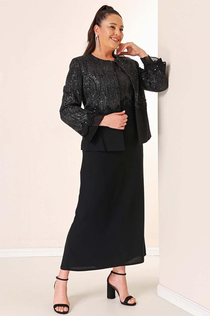 2-teiliges Set aus Chiffon-Jackenkleid mit Pailletten und Perlendetail an den Ärmeln, gefüttert, Übergröße