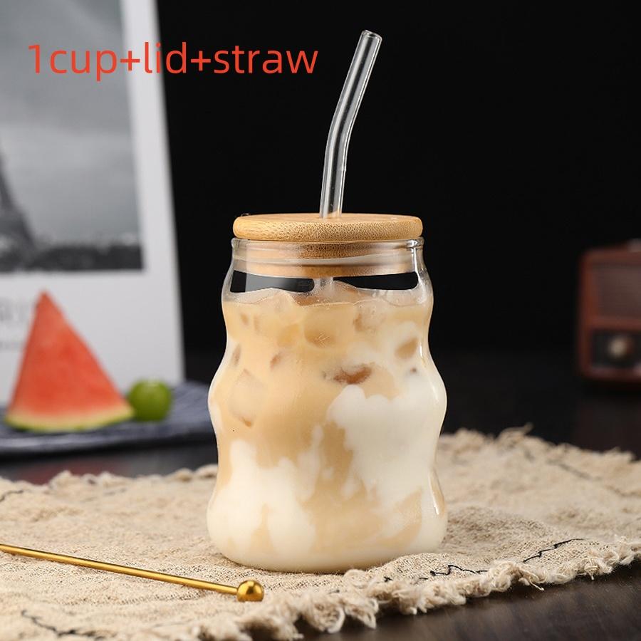 

Питьевые стаканы с бамбуковыми крышками и стеклянной соломинкой 15 унций Набор стеклянной посуды Стеклянный стакан для холодного кофе, сока, напитков, молока 450ml