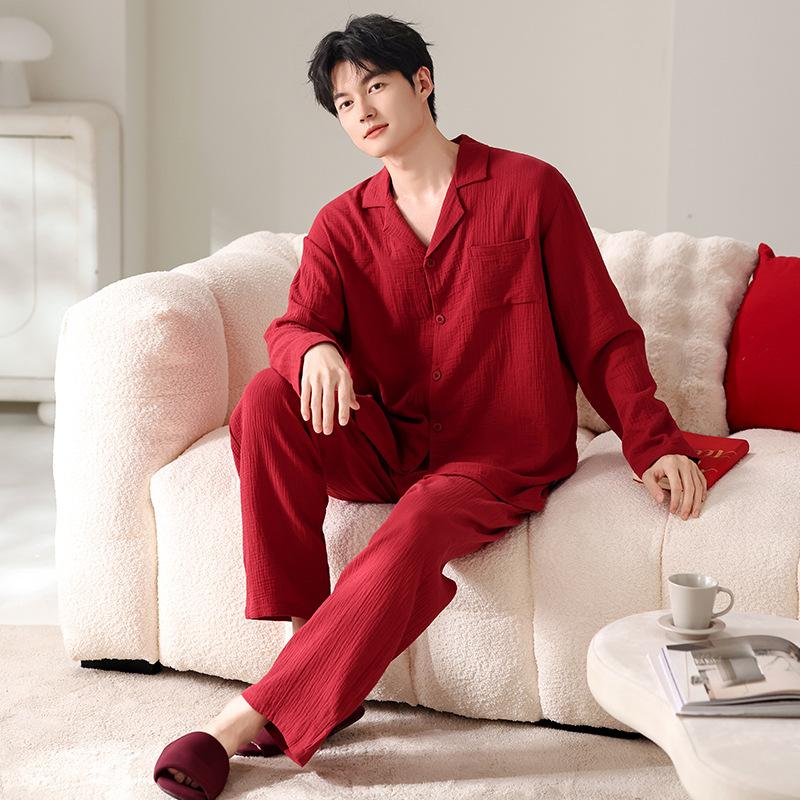 Red pajamas men's spring, autumn and winter cotton long-sleeved natal year suit 1011 new festive wedding loungewear