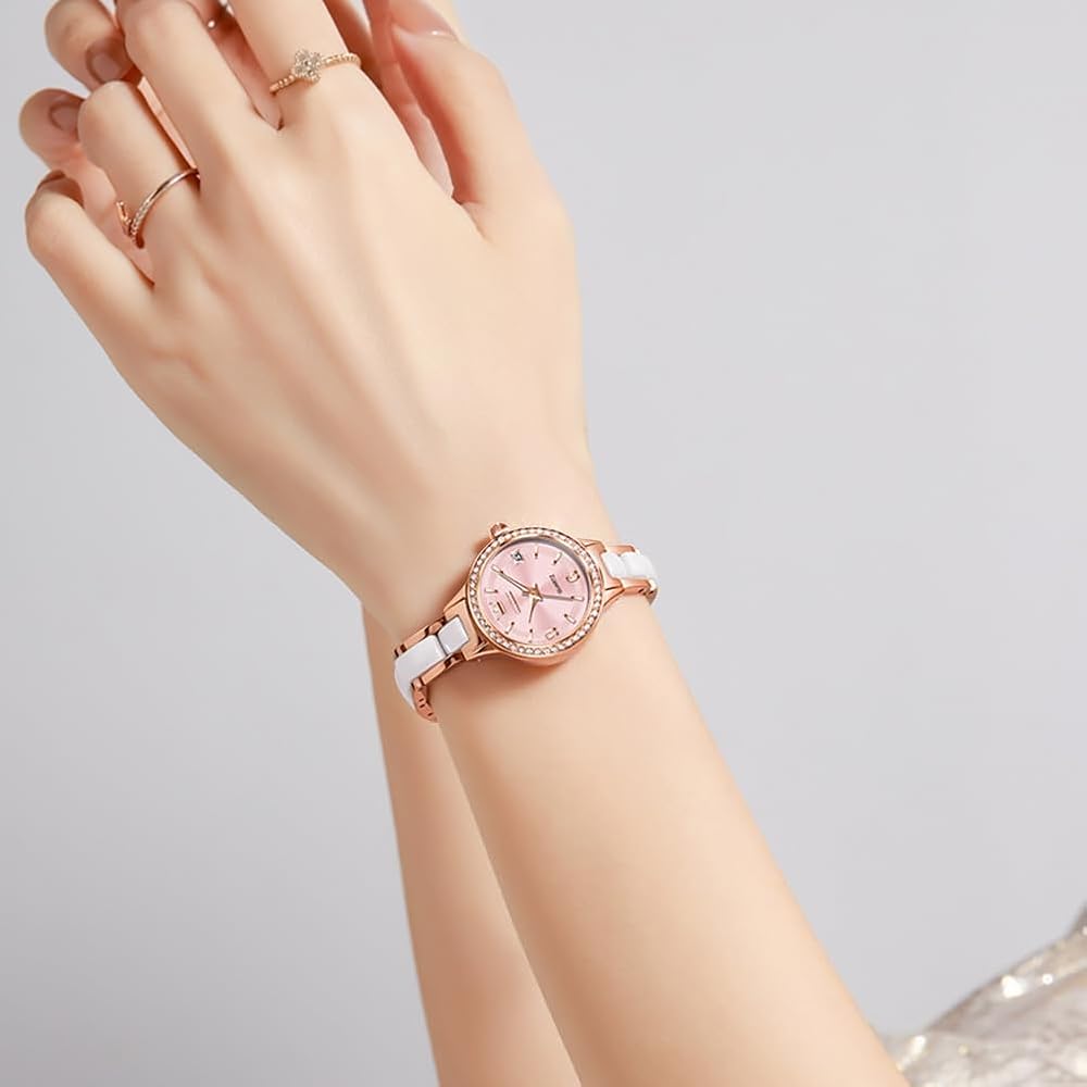 OLEVS Women's Ceramic Diamond Quartz Watch Waterproof Luminous Gold-Pink