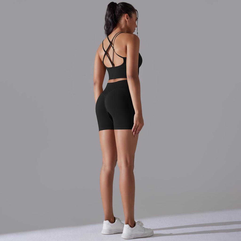 Seamless Knitted Solid Color Back High Elasticity Sports Tight Yoga Suit Set Running Fitness Two Piece Set