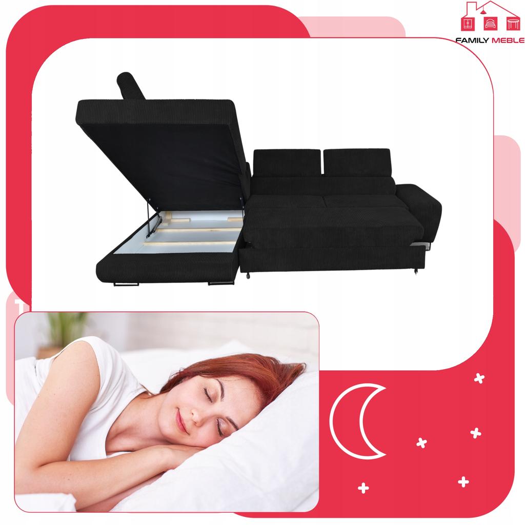 Corner Sofa, Foldable, F, Sleeping, Savio, Left, Family Furniture, Black, Corduroy