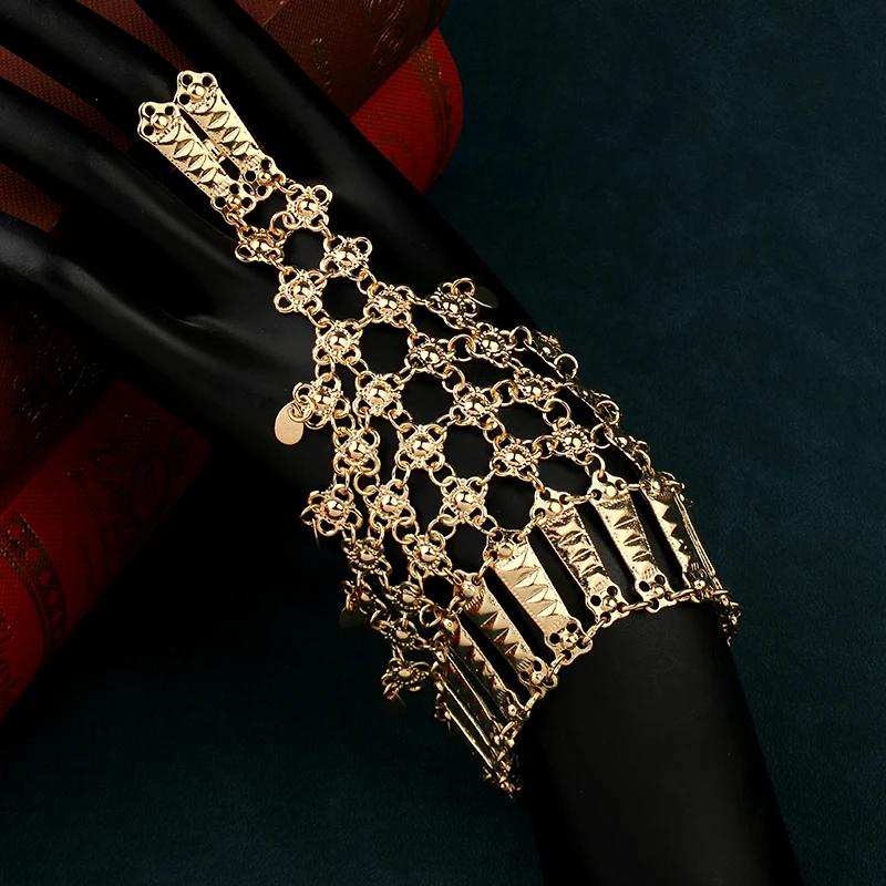 Handgefertigtes Metallarmband und Ring-Set, vergoldet, arabisch, Naher Osten, Hochzeits Schmuck, ethnisch, Damen Manschetten-Accessoire, Geschenk