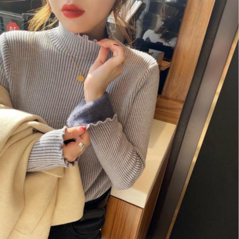 Women's Winter Fleece-Lined Half-High Neck Knit Top Elastic Tight-Fit Thickened Warm Sweater with Ruffled Trim