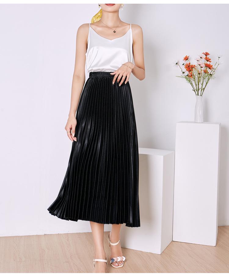 Solid Color High Waist Satin Pleated Midi Skirt - Women's New Spring/Summer/Autumn 2023 Collection