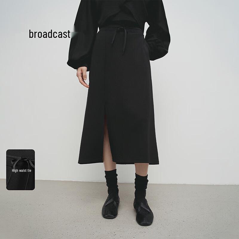 Broadcast Women's Black Knitted Midi Skirt with Slit Hem
