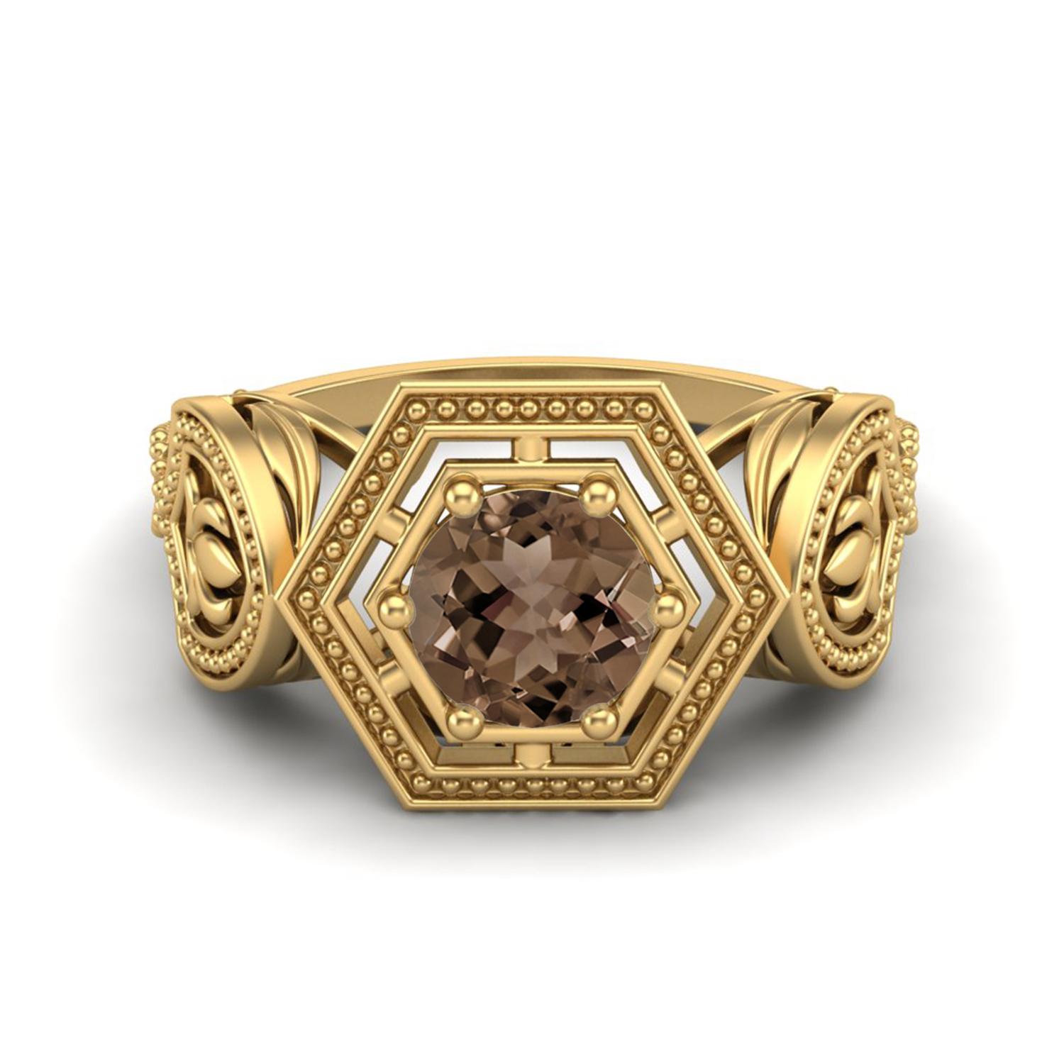 6MM Round Smoky Quartz 925 Sterling Silver Gold Vermeil Hexagon Shape Geometric Women Wedding Ring 6 жёлтый