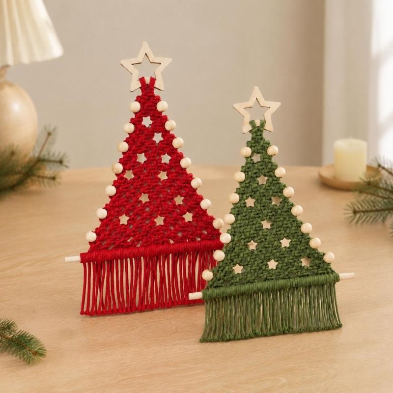 Holiday Tree Fiber Craft Set for 2 Hanging Projects with Soft Cotton Cord, Wooden Star Toppers, Beads and Dowels