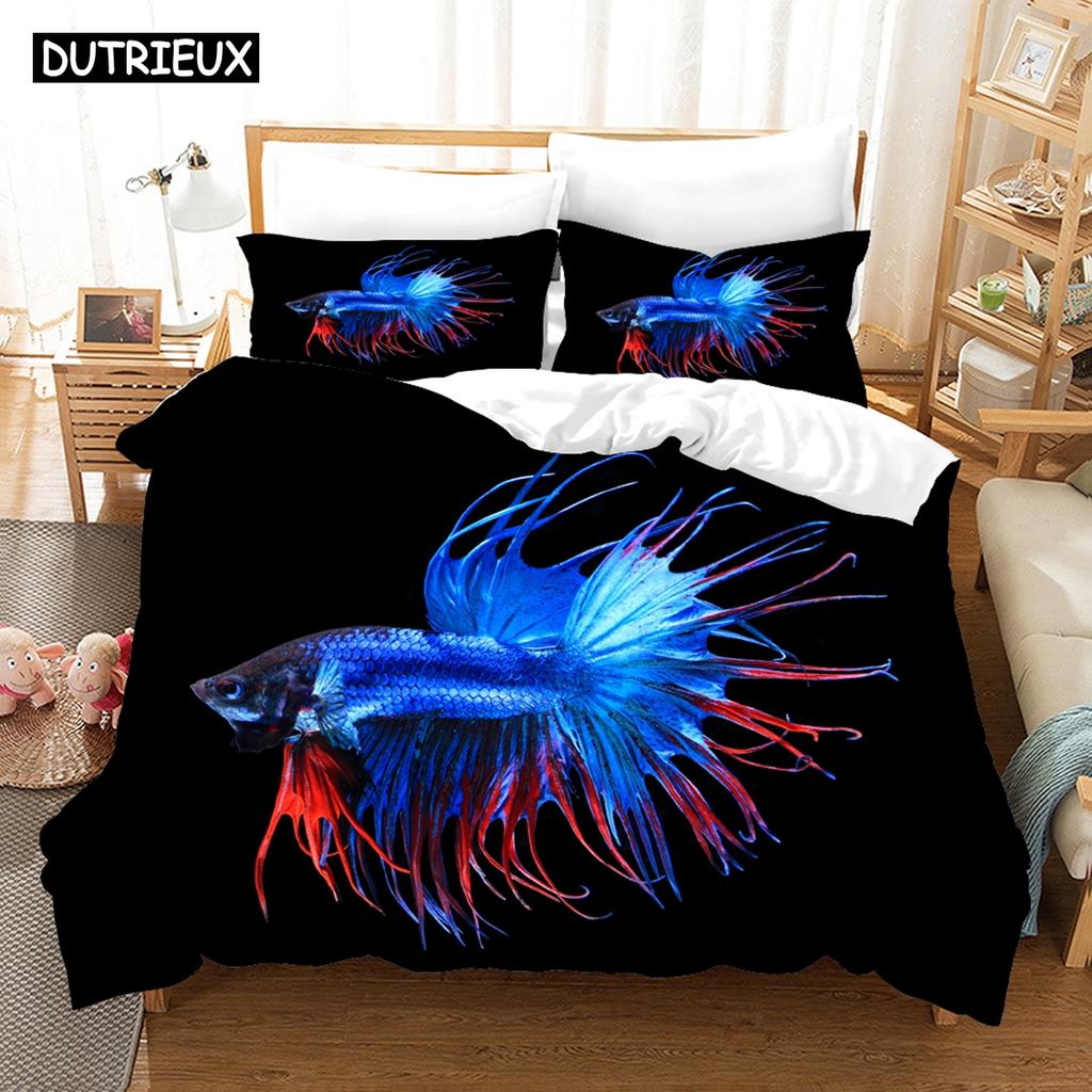 3D Printed Cartoon Fish Photo Chinoiserie Bedding Set Down Quilt Cover With Pillowcase Double Complete  King