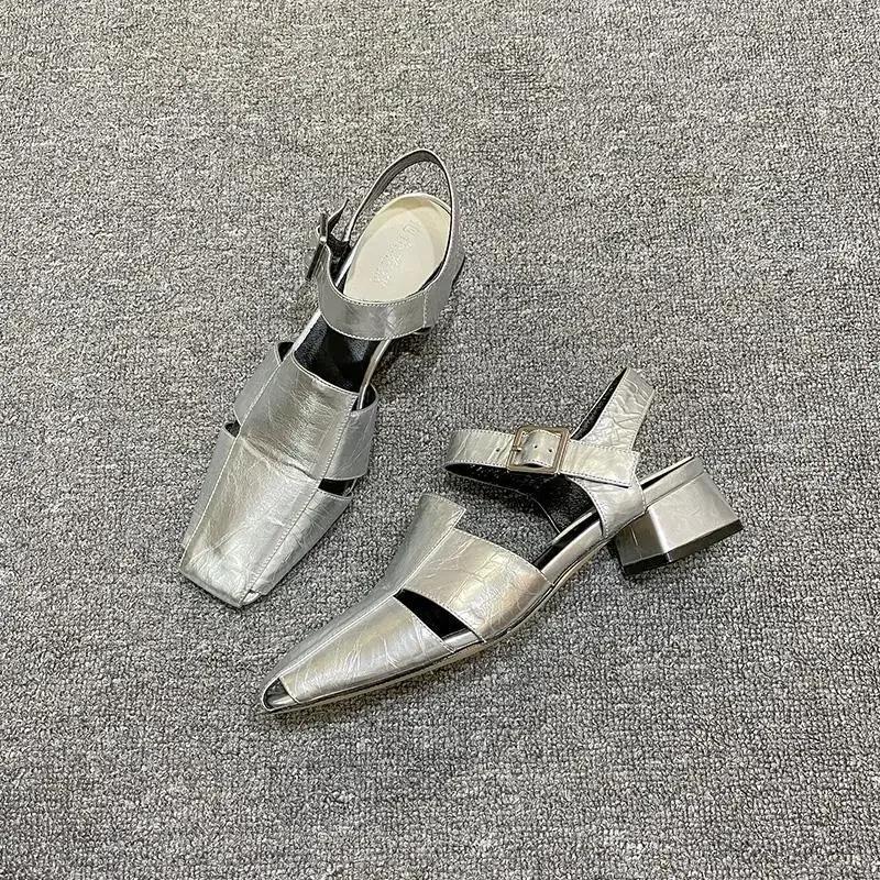 Fashion Summer Silver Leather Broad Band Hollow Out Women Sandals Pumps Luxury Design Cover Toe Buckle Strap Gladiator Roman Shoe