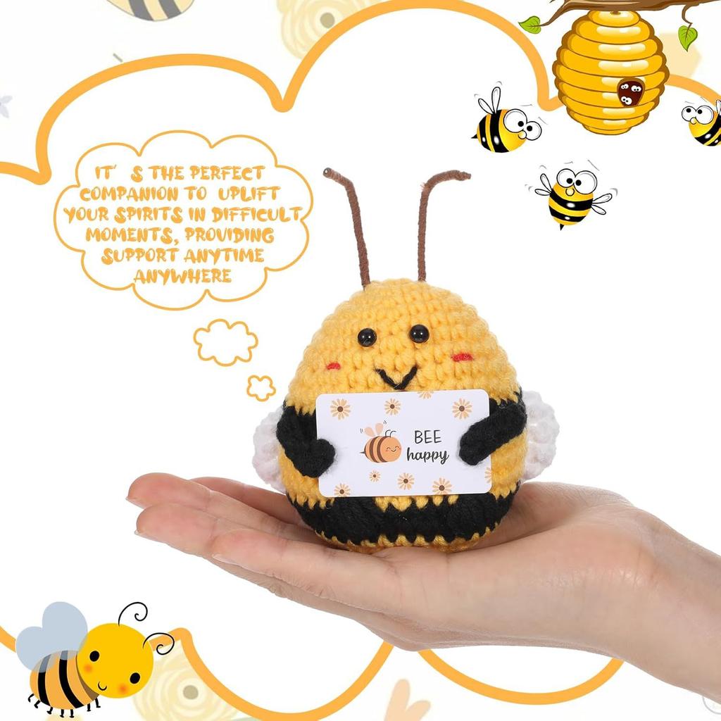 Positive Crochet Bee Doll with Encouraging Card Emotional Support Handmade Knitting Big Butt Bee Animal Room Decoration Ornament