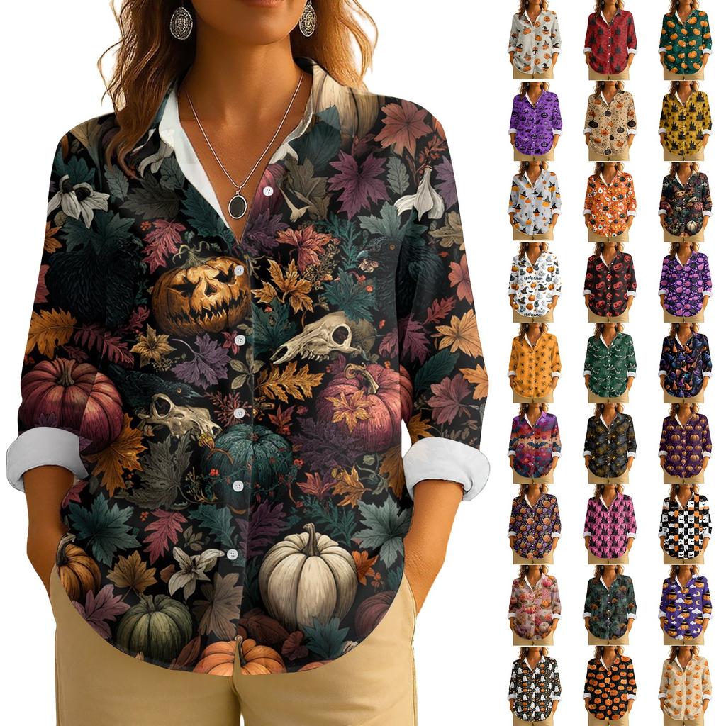Dame Retro Halloween Trykket Knappelukking Langermet Casual Vanlig Skjortekrage Topp
