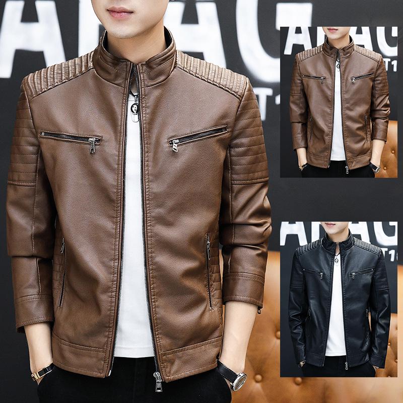 Men's Slim Fit PU Leather Jacket - Spring/Autumn Korean Style Stand Collar Outerwear