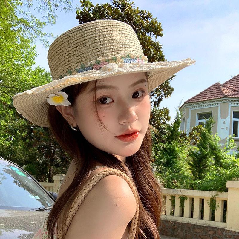 New straw hat women's summer foreign style lace bow sunscreen sun hat outdoor beach hat sunshade straw hat