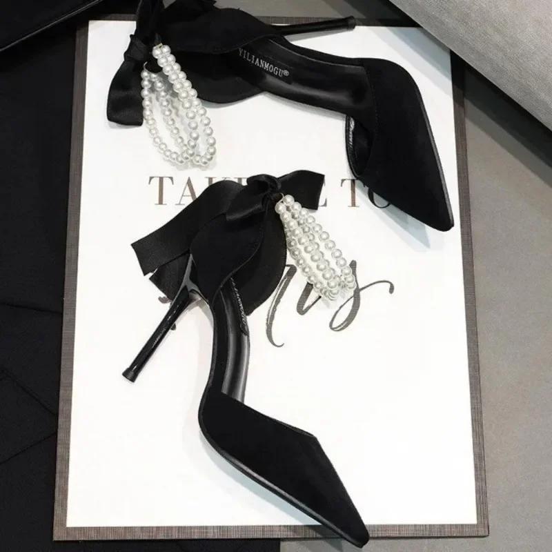 Fashion Women's 7cm/9cm High Heel Shoes New Black String Beads Pointed Toe Thin Heel Shoes for Women Party Wedding Women's Heeled Shoes