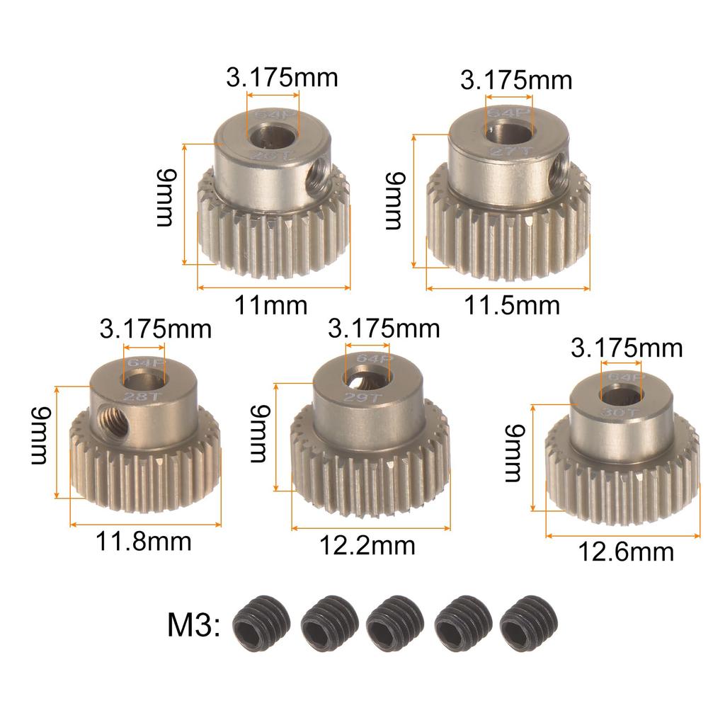 Uxcell 64P Pinion Gear Set, 3.175mm (1/8") Shaft, 26T, 27T, 28T, 29T, 30T, Aluminum Alloy Motor Gears for 1/10 RC Car (Set of 5)