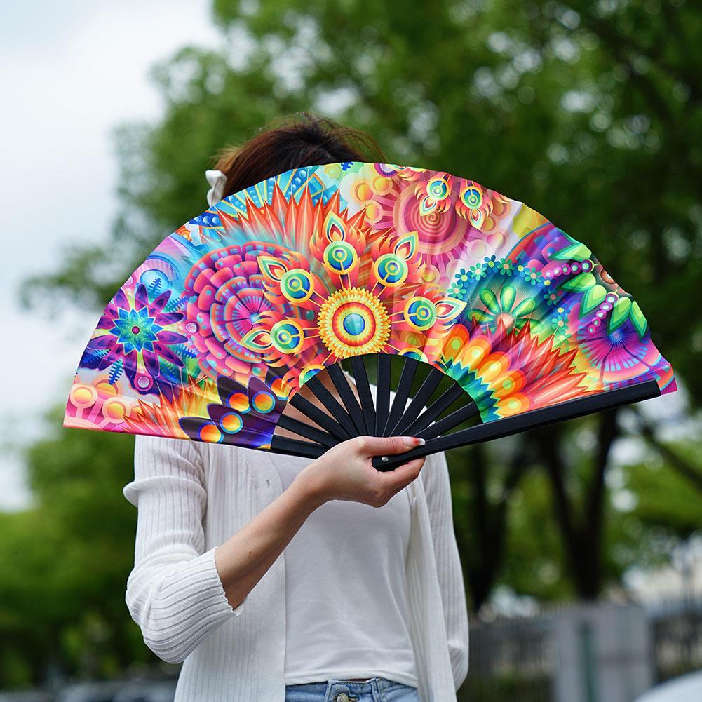 33cm velký skládací ventilátor na ruční rave Čínský/japonský přechod s barevným reflexním skládacím fanouškem Music Festival Fan Dance Fan Dárky