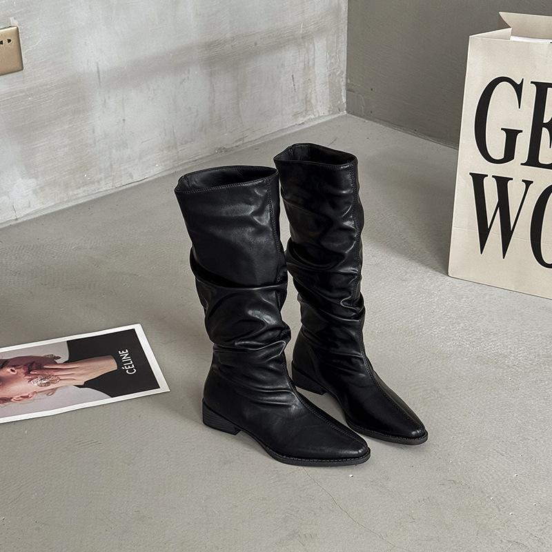 Retro simple women's cowboy boots spring and summer pointed pleated leather boots stacking boots thick heel high boots knight boots