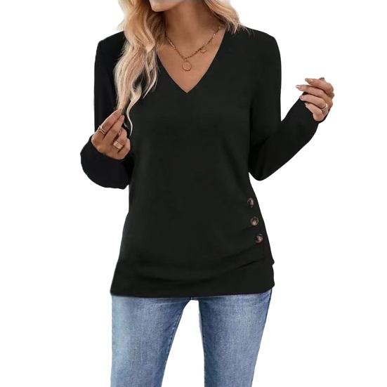 Women Tops V-Neck Long Sleeve Side Buttons Decor Casual Pullover Tops Solid Color Spring Autumn Blouse