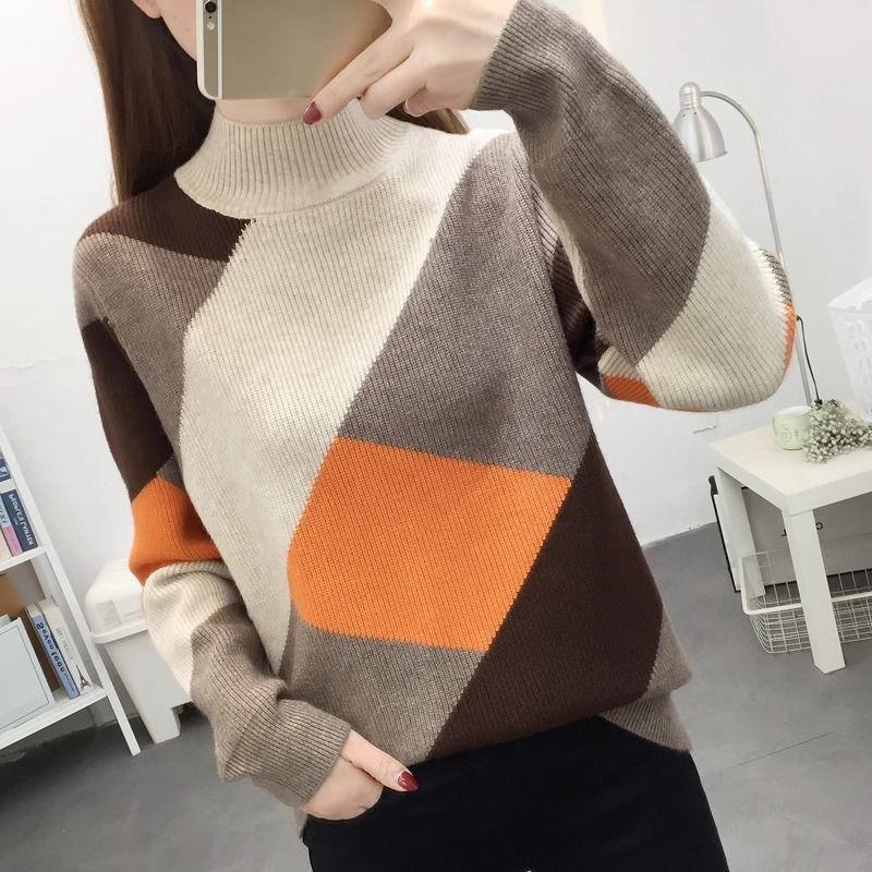 Women's Half Turtleneck Sweater Fall Winter Loose Knit Sweater Top Color-blocked Pullover Knit Jumper Outerwear