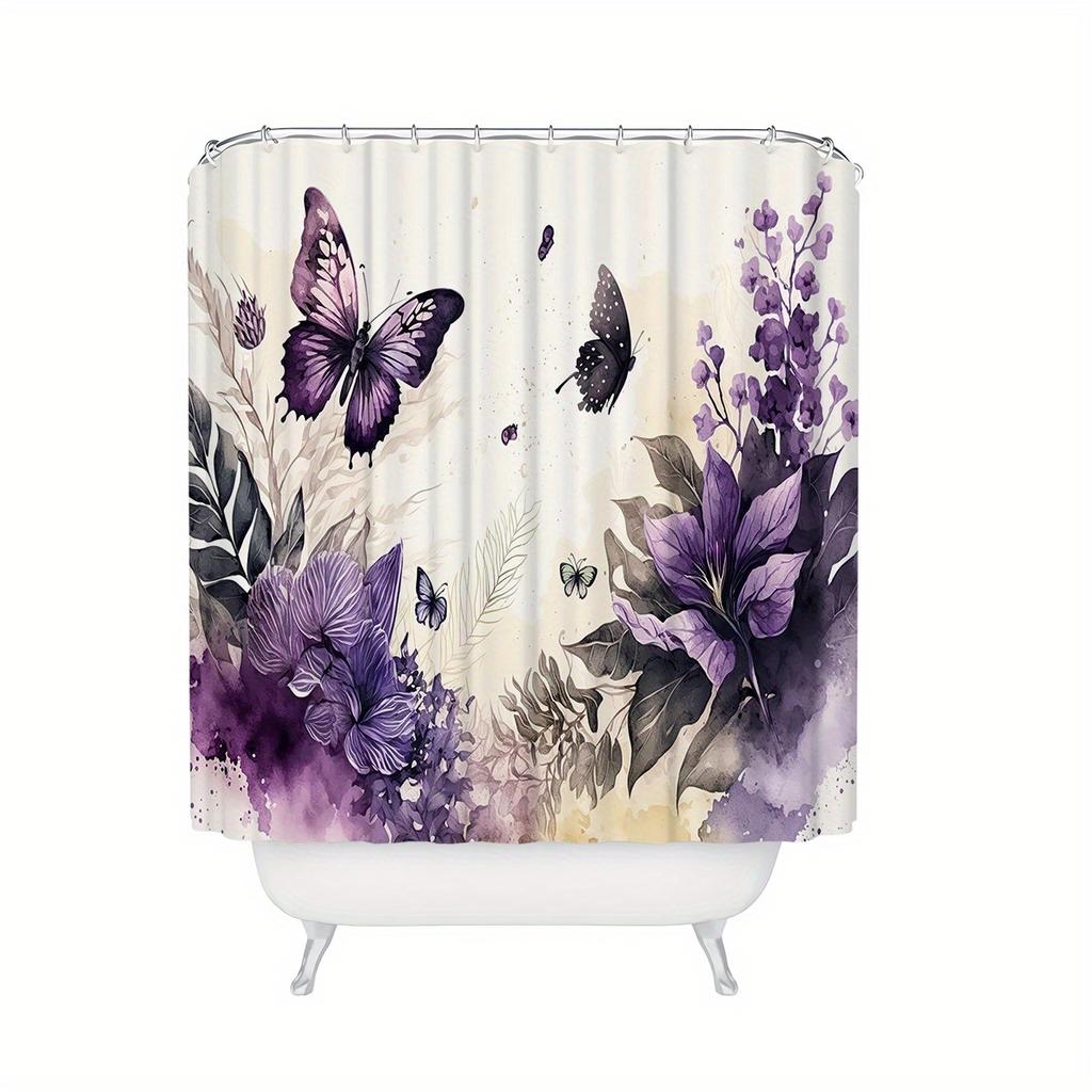 1Pcs Shiny Butterfly Flower Waterproof Shower Curtain Modern Polyester Bathroom Partition 12 Hooks