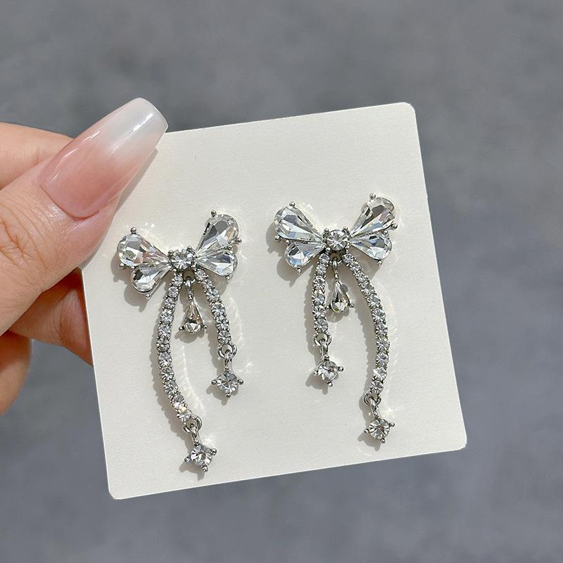 Delicate Bow Tassel Earrings, Diamond-Set Creative Design, High-End Sweet Earrings For Women