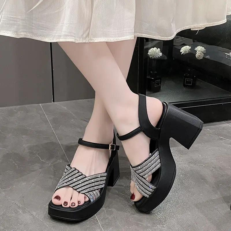 Fashion Rhinestones Square Heels Sandals for Women Summer Sales 2025 Offers New Breathable Fashion Offer Woman Shoes On Sale Wholesale