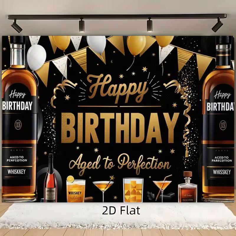 2D Elegant Black and Gold Backdrop, Whiskey Theme "Happy Birthday" Background for Cocktail Parties