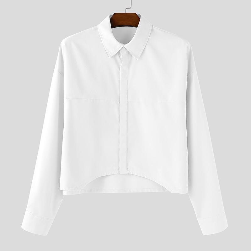 INCERUN Oversized Men Lapel Neck Long Sleeve Casual Loose Cropped Shirts