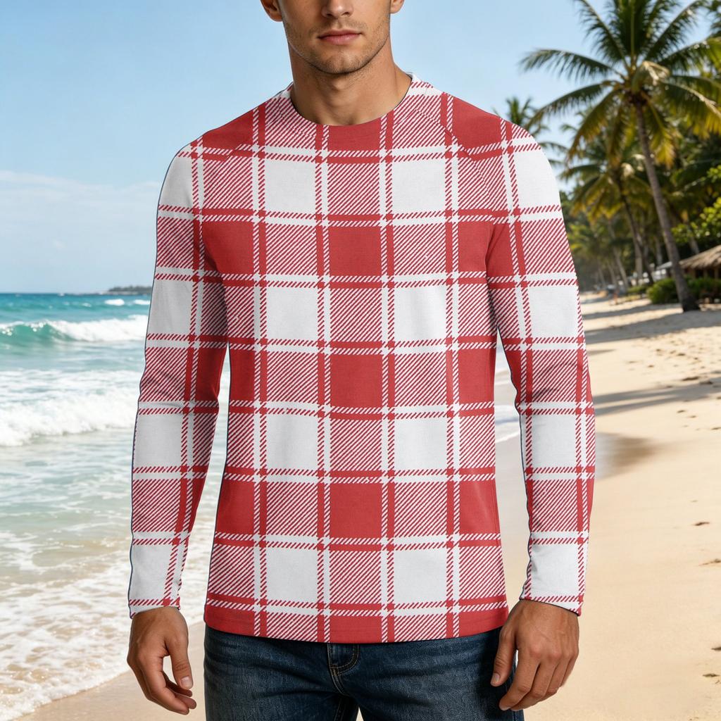 Men Long Sleeve UPF 50 Plus Sun Protection Shirt Outdoor Sports Fishing Casual Top Lightweight Breathable Quick Dry Crewneck Plaid Design