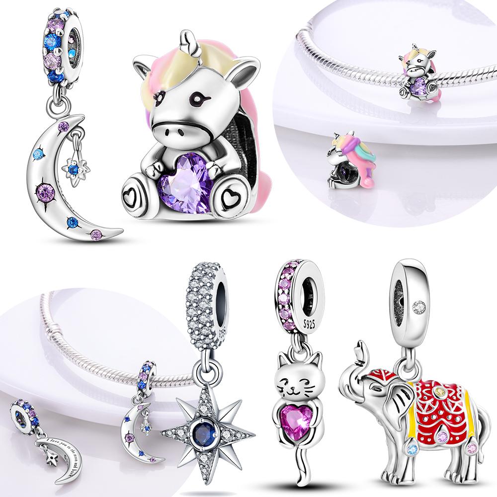 Charms Beads Cats Dogs Indian Elephant Charms Star Moon Beads Fit Original Copper Diy Birthday Jewelry For Women