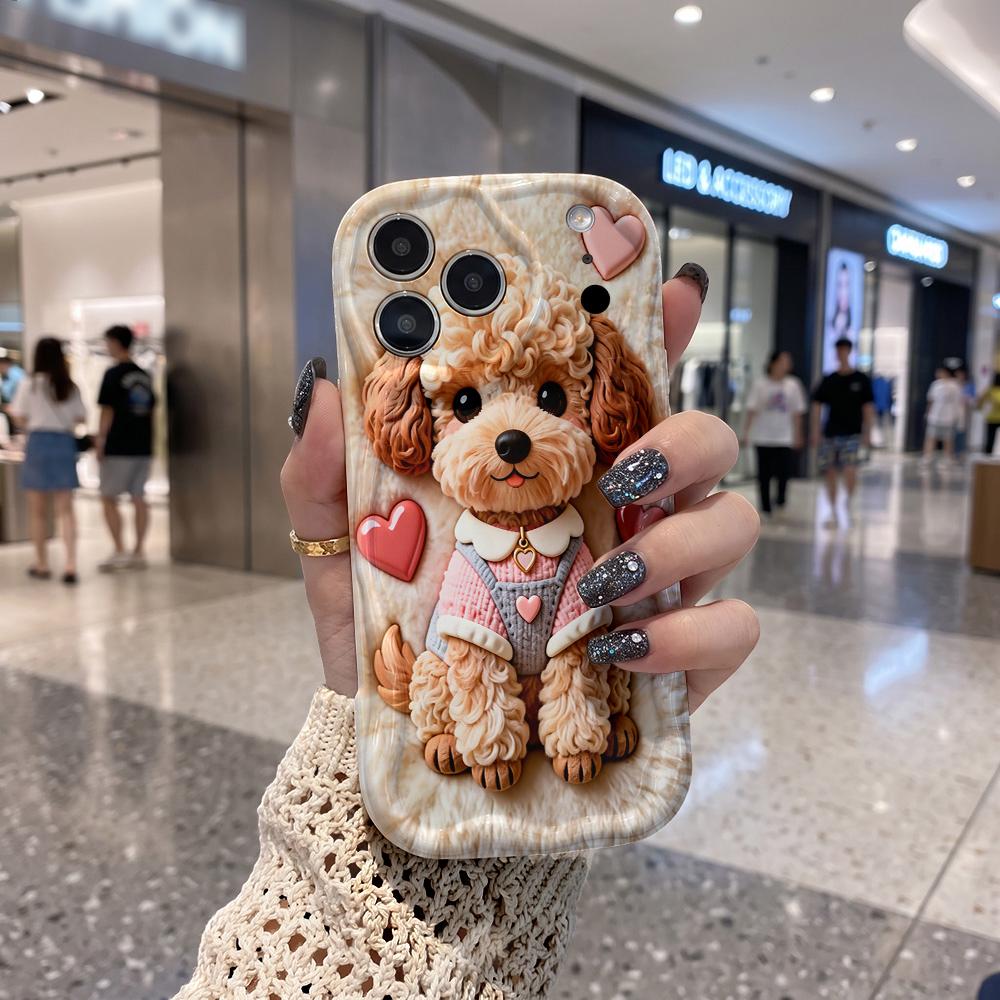 Fluffy Teddy Pink Gloss Heart Phone Case For iPhone 17 16 15 14 13 12 11 Pro Max Plus Wavy Edge Cover