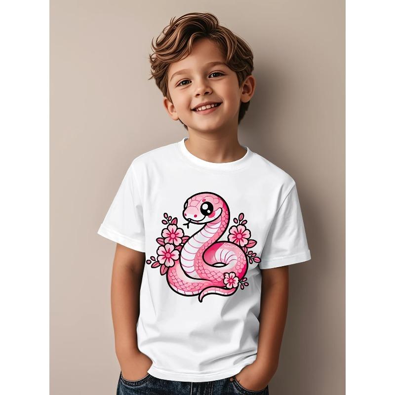 European Sizes Kawaii Pink Snake and Flowers Year of Snake Funny Awesome Graphic Kid T-Shirt | Casual Streetwear Tees Tops for Kids