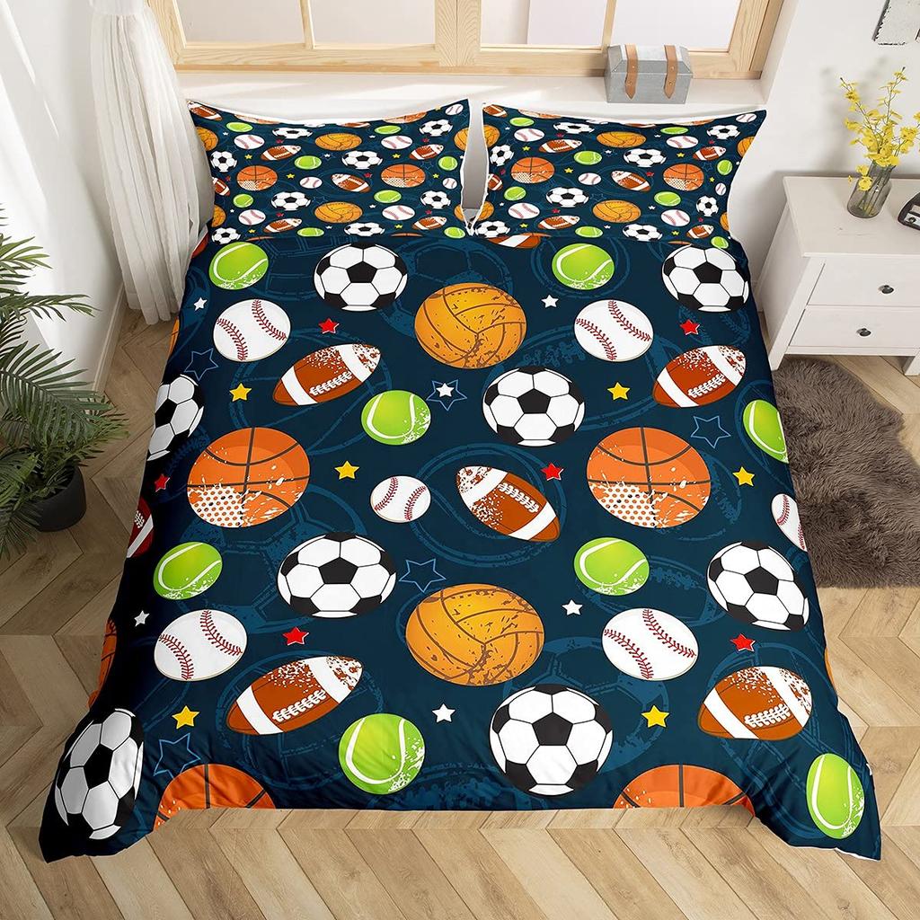 Bettwäsche-Set mit Tennisplatz-Print, Jungen Sportspiele Themen-Bettdeckenbezug, Gelber Tennisschläger Sportgeräte Bettwäsche-Set