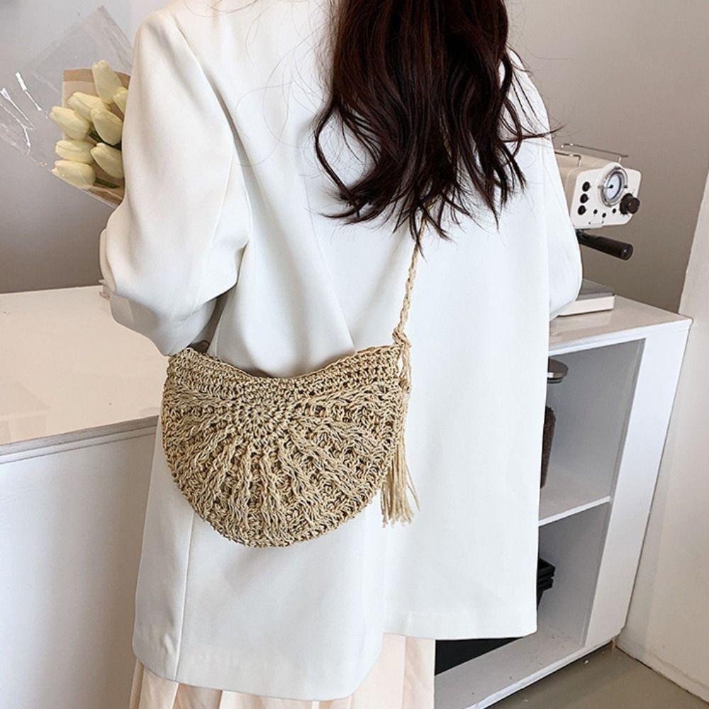 Half-round Straw Weave Bag Handmade Women's Crossbody Bag Trendy Woven Shoulder Bag  Beach