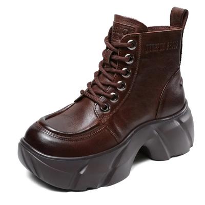 Fashion 6cm Cow Genuine Leather Flats Punk Ankle Booties Chunky Sneakers Platform Wedge Motorcycle Knee High Boots Women Booties