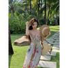 French Pure Desire Color Broken Flower Suspender High Waist Pendulum Seaside Vacation Dress Women