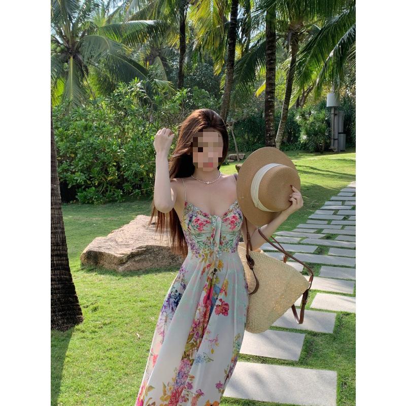 French Pure Desire Color Broken Flower Suspender High Waist Pendulum Seaside Vacation Dress Women