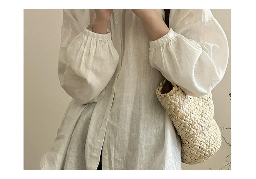 Spring/Summer 2026 Artistic Loose-Fit Plus Size Women's Linen Shirt with Pleated Stand Collar and Long Sleeves