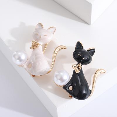 Creative Fashion Personality Pearl Enamel Dripping Kitten Brooch, Versatile Animal Brooch